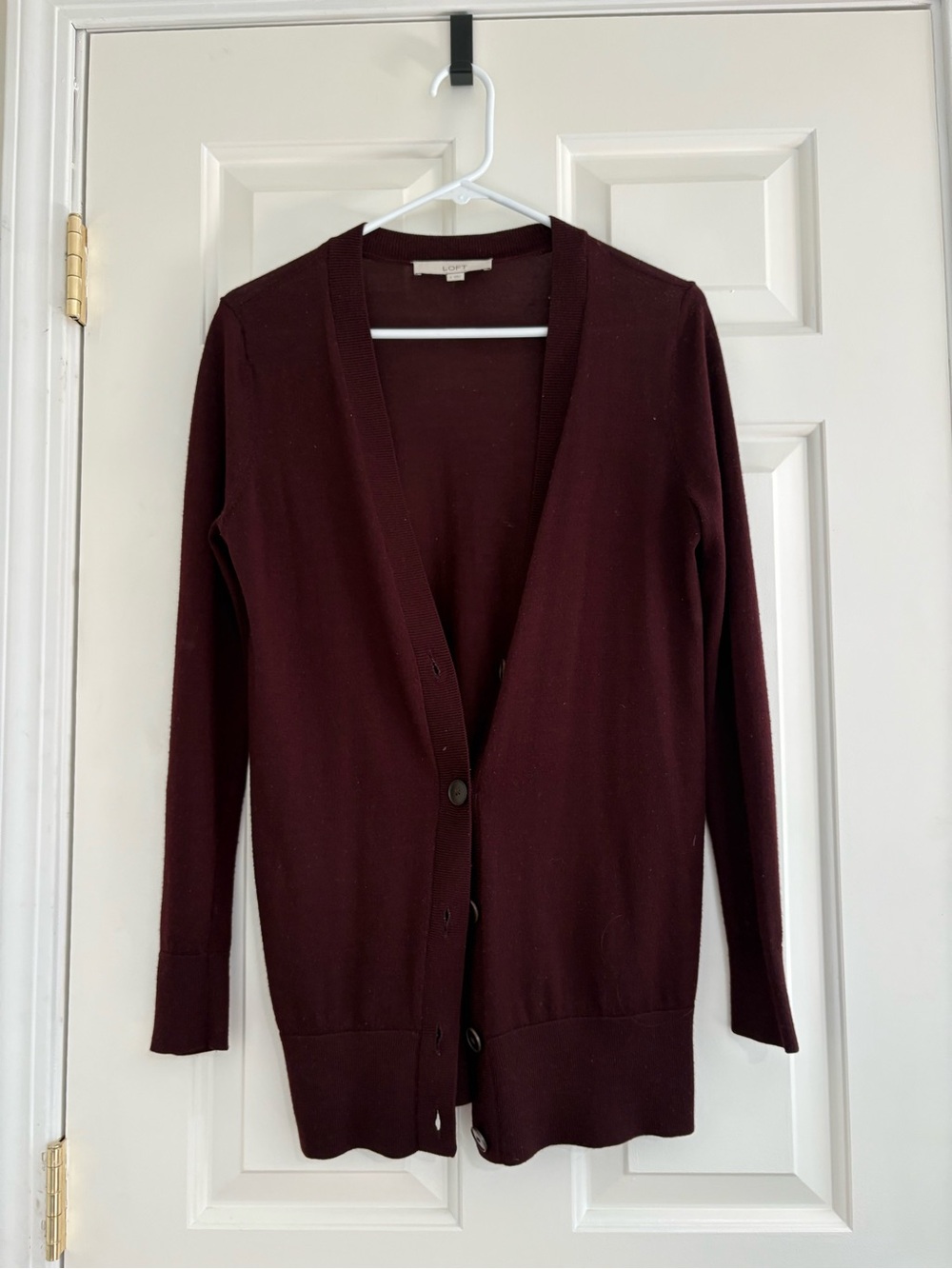 LOFT Burgundy V-Neck Button-Front Cardigan